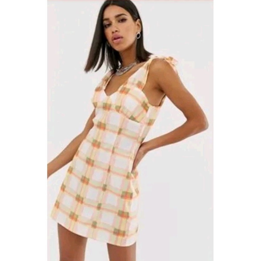 Womens Plaid Y2K Preppy‎ Babydoll Mini Dress Small Tie Shoulder Coquette Summer